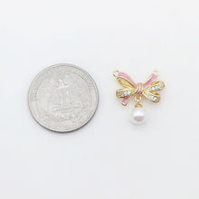 Load image into Gallery viewer, Pink Enamel Bow Charm, 14K Gold Plated Bow Tile Pendant, Clear Micro CZ Pave Bowtie Charm, 18x12mm, Jewelry Findings S20584