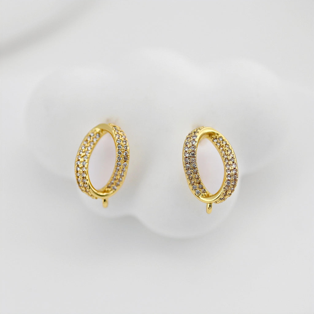 Poste ovalado de oro de 18 quilates con aro, pavé de circonitas, pasador de plata S925, 13,5 x 8,6 mm, sin níquel, hipoalergénico, D0453