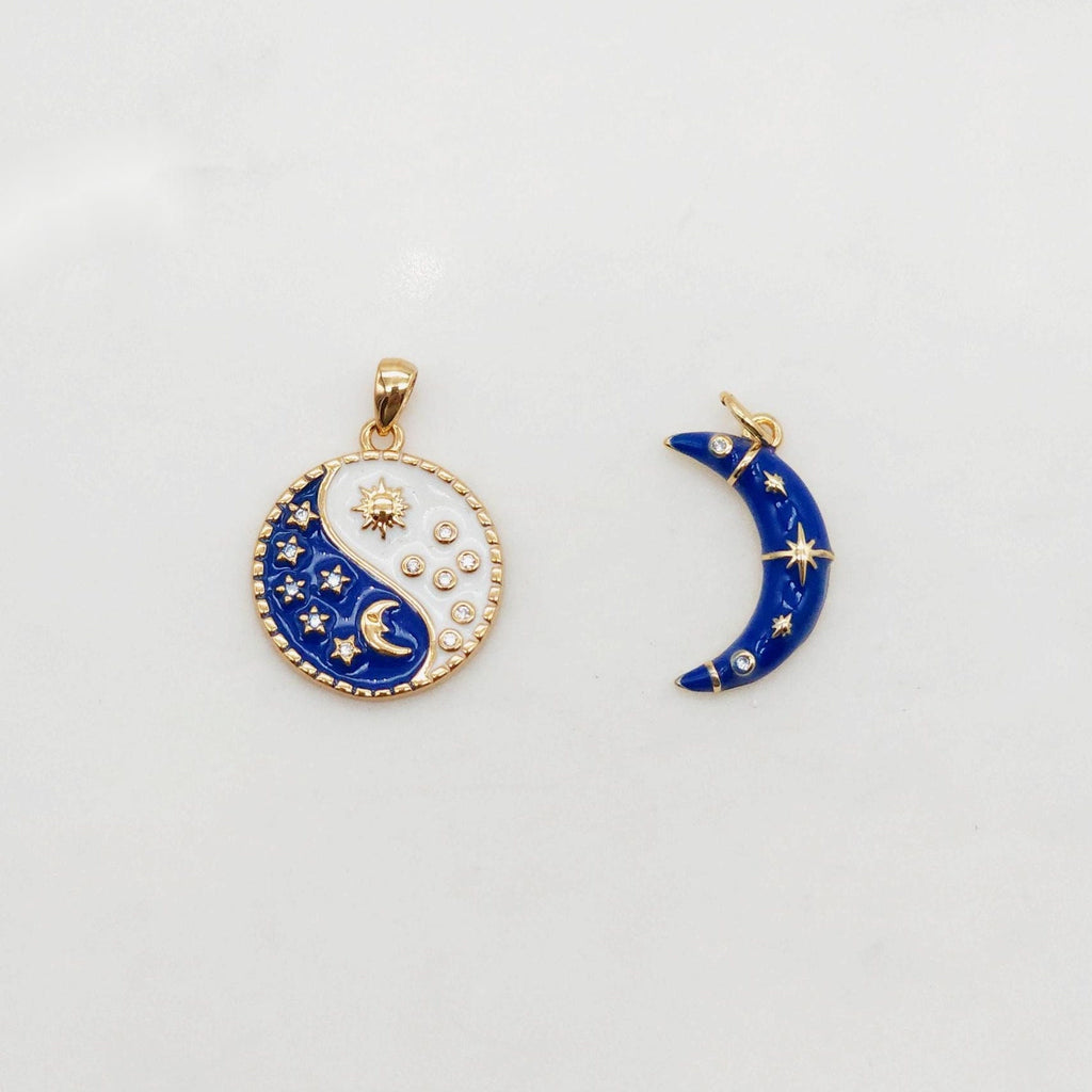 Enamel Cubic Moon & Star Charm, 18K Gold Plated Multicolor Pave Round Pendant, Necklace Making Charm, Jewelry Findings S20385