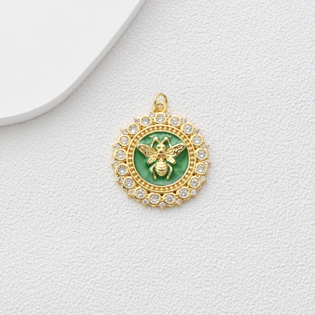 Dijes redondos de abeja esmaltados, dijes de insecto circulares con pavé de circonitas, colgante chapado en oro de 18 quilates, dije para crear collares y aretes, accesorios de joyería S1349
