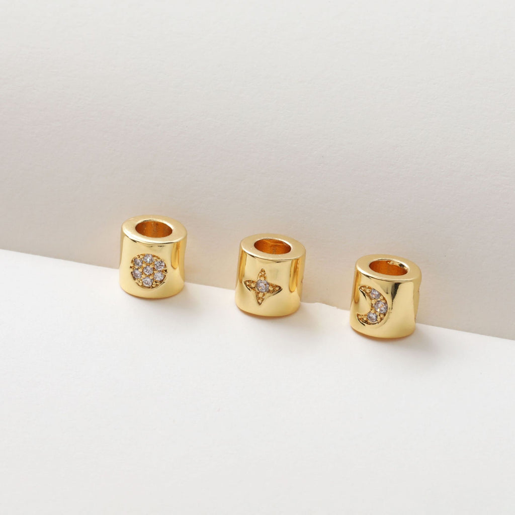 10PCS 6mm Moon Star Tube Spacer Beads, Micro Pave Symbols Large Hole Cubic Beads, 18K Gold Plated, Bracelet Making Jewelry Finding S240