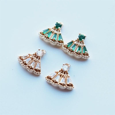 2pcs-CZ Pave Fan Shape Charm, Cubic Zircon Crystal Fan Connector, Earring Charm,Real Gold Plated Brass, Jewelry Findings JY075-F026