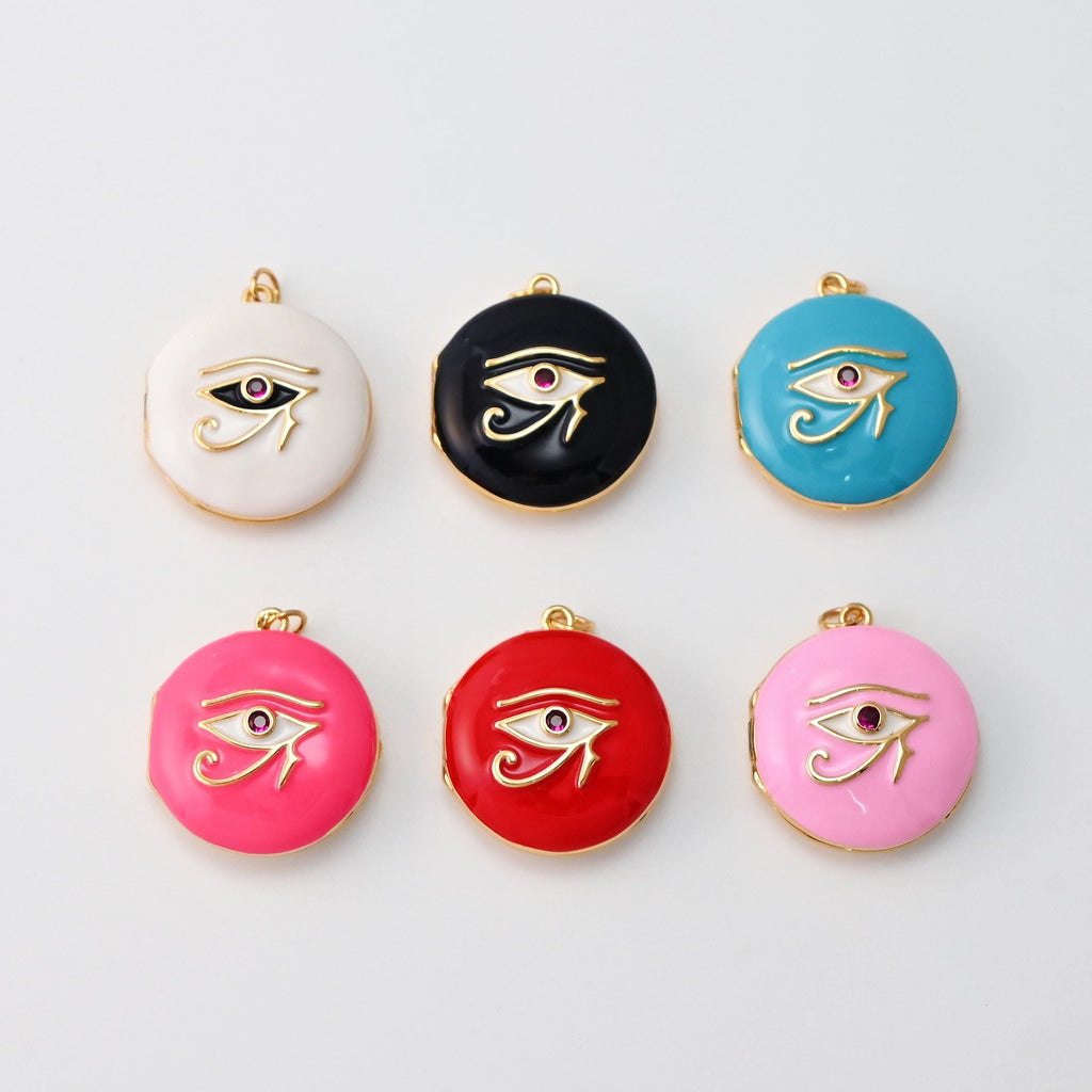 Locket Charm, Enamel Evil Eye, 18K Gold Plated Round Pendant, 25mm, Necklace Making Charm, Jewelry Findings S20295