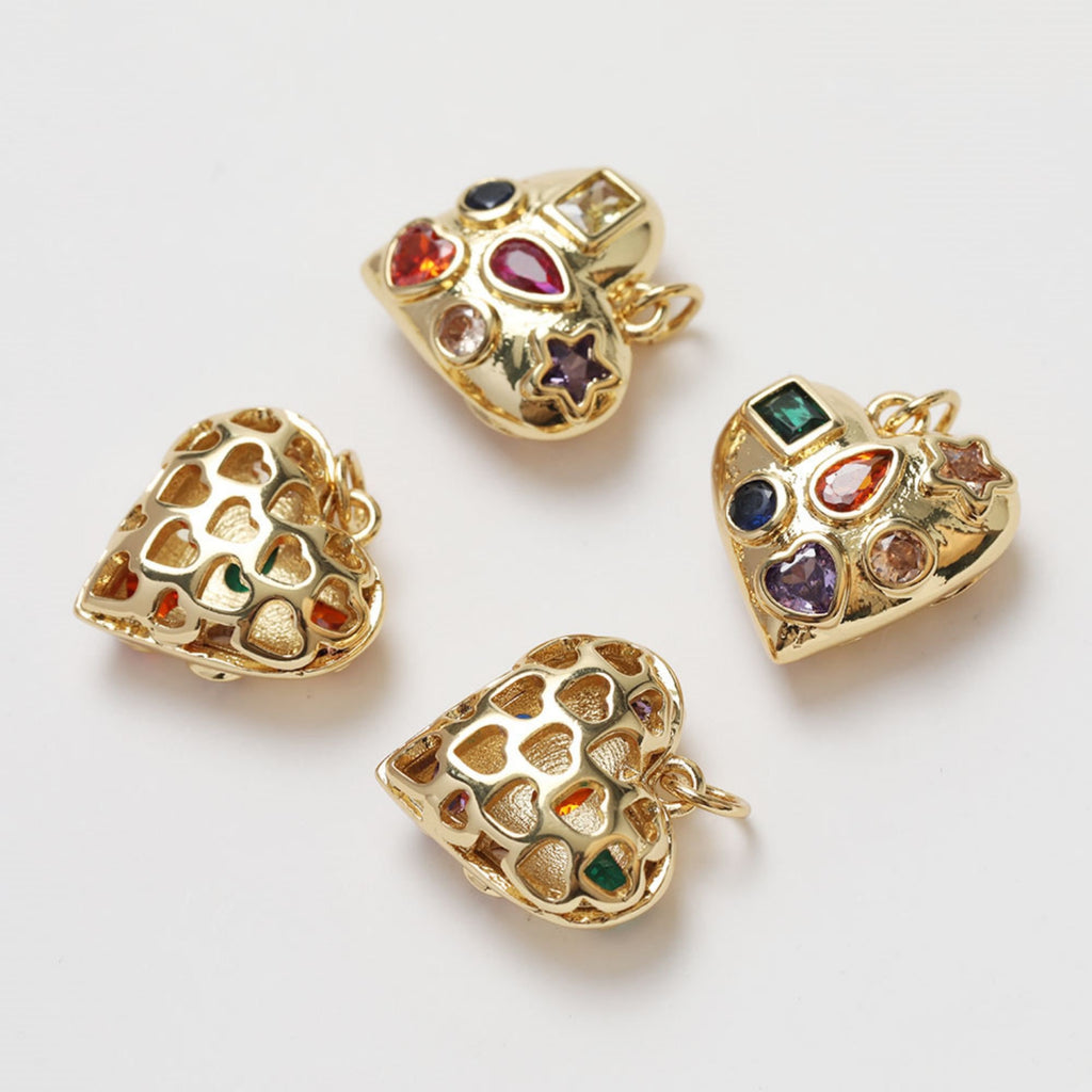 Gold Heart Charms, Rainbow CZ Pave, 18K Gold Plated, Love Pendant, Necklace Making Pendants, Jewelry Findings GZ343