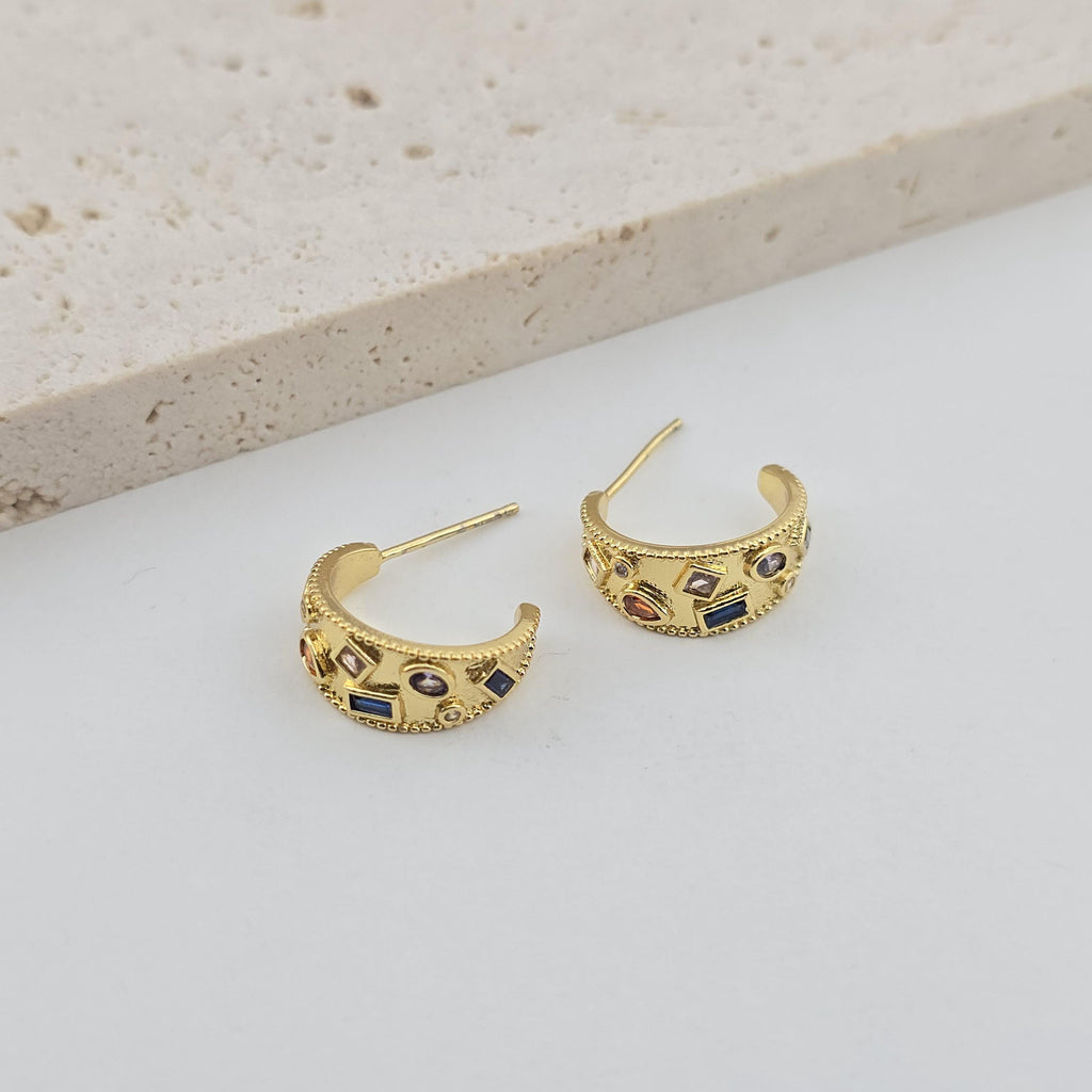 C Shape Ear Post, Cubic Zirconia Pave, Nickel Free, 18K Gold Plated Stud Earring Finding S1260
