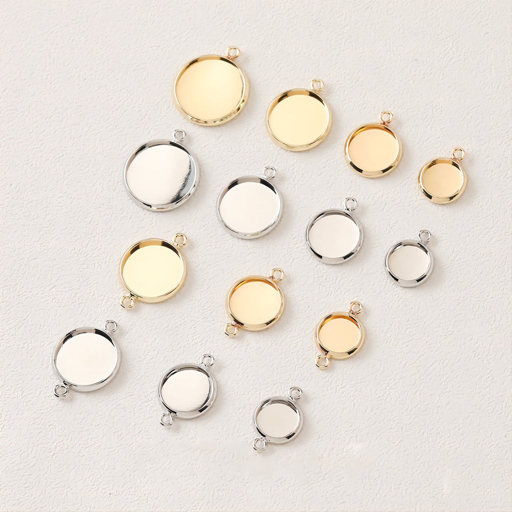 10 conectores de cabujón dorado con bandeja, chapados en oro de 14 quilates y plata, con engastes de colgante en blanco de 8 mm, 10 mm, 12 mm y 14 mm, JH002