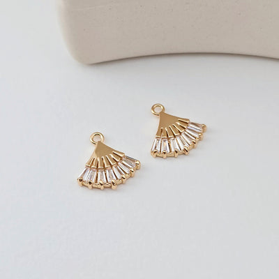 CZ Pave Fan Shape Charm, Cubic Zircon Crystal Fan Pendant, CZ Earring Charms, Real Gold Plated Earring Charms, Jewelry Findings D0289
