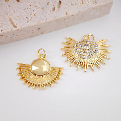 Sun Charm, Sunshine Pendant, 18K Gold Plated Micro CZ Pave, 25mm, Necklace Making Charm, Jewelry Findings S20714