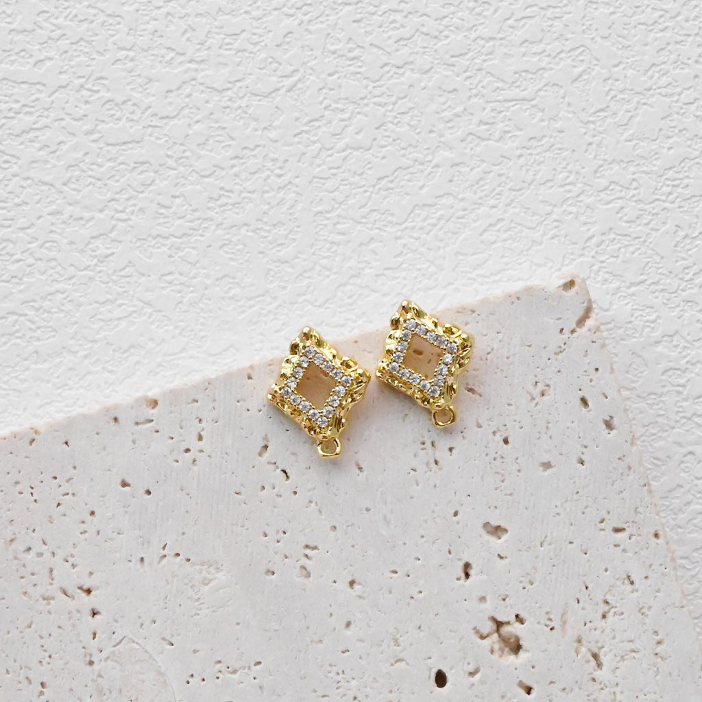 Diamond shaped Post with Loop, Pave CZ, 18K Gold, S925 Silver Pin Nickel Free Earrings, Hypoallergenic Earring Findings D0423