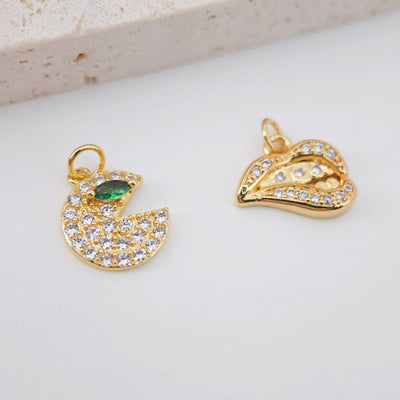 Biting Lip Charm, Pac-Man Pendant, 18K Gold Plated, CZ Pave Charms, for Jewelry Findings S919