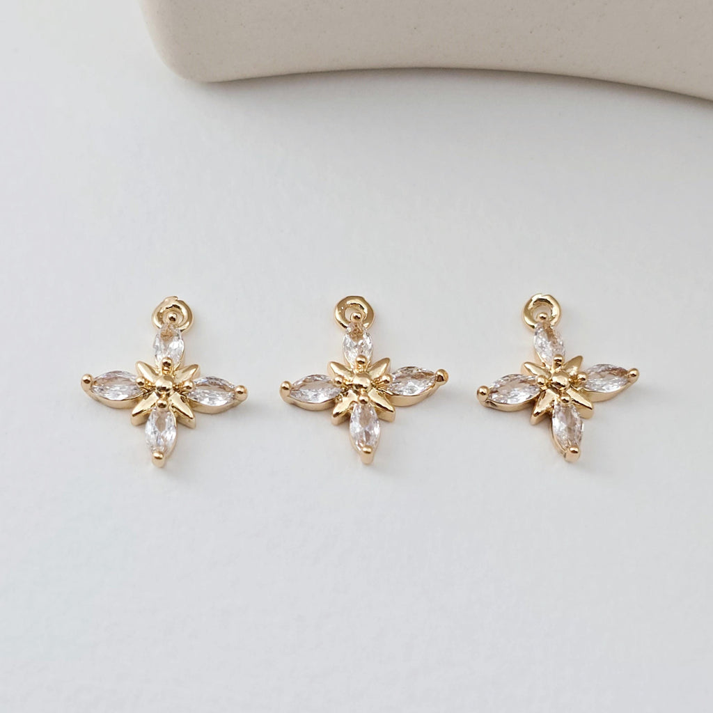 Flower Charm, Cubic Zircon Crystal Flower Pendant, CZ Earring Charms,  Real Gold Plated Brass Earring Charms, Jewelry Findings D0300