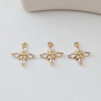 Flower Charm, Cubic Zircon Crystal Flower Pendant, CZ Earring Charms,  Real Gold Plated Brass Earring Charms, Jewelry Findings D0300