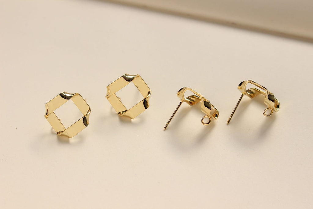 18K Gold Plated Fold Earring Post with loop, Gold Rhombus Post, S925 Silver Ear Pin, for Jewelry Making BB078