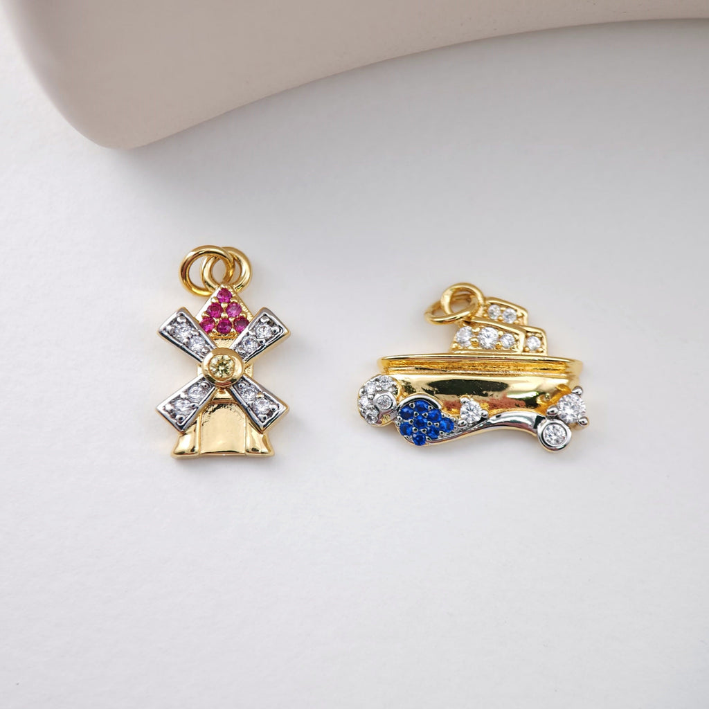 Dutch Windmills Pendant, Yacht Pendant, 18K Gold, CZ Pave Charm, Earring Necklace Making Finding S1117
