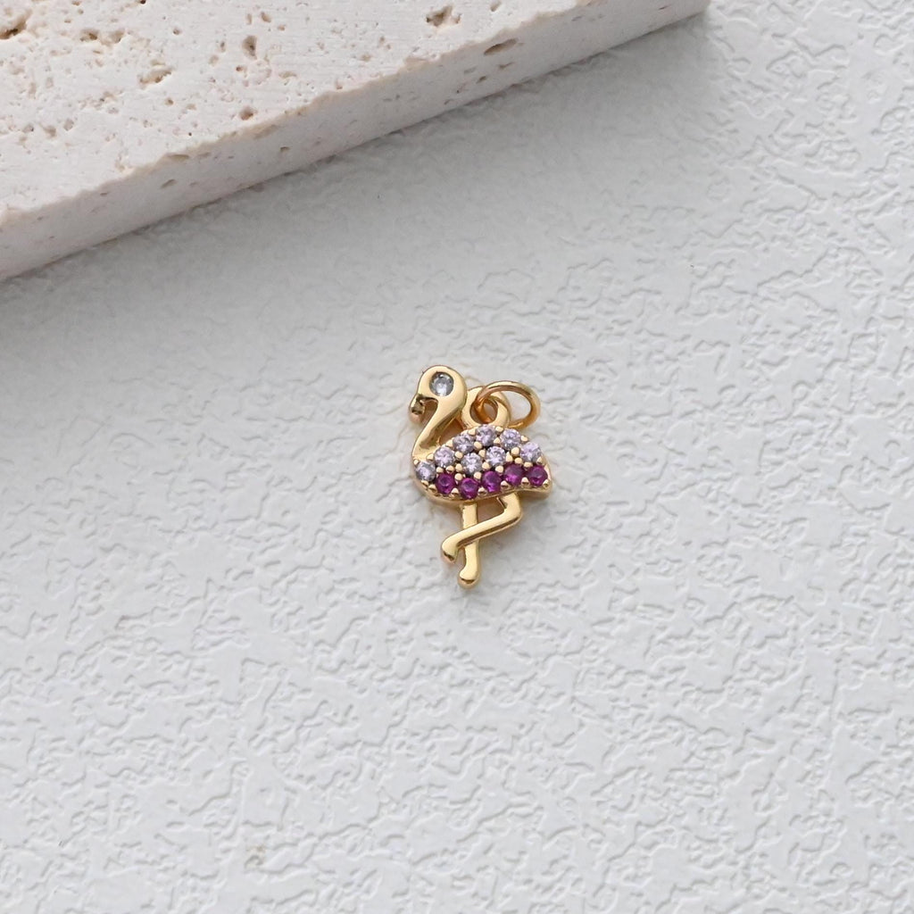 Bird Charm, CZ Pave Pendant, Woodpecker, Flamingo Pendant, 18K Gold Plated, Necklace Making Charm, Jewelry Findings S1303
