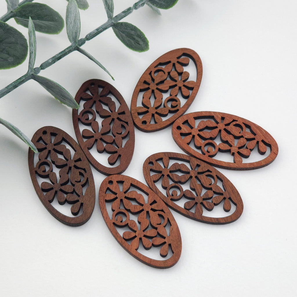 4PCS Wood Pendant, Oval Wooden Flower Charm, Reclaimed Walnut Wood, Nickel Free, Natural Jewelry Finding JT980