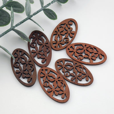 4PCS Wood Pendant, Oval Wooden Flower Charm, Reclaimed Walnut Wood, Nickel Free, Natural Jewelry Finding JT980