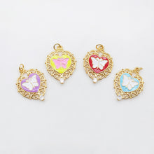 Load image into Gallery viewer, Enamel Butterfly Dangle Pendants, Heart Shape, 18K Gold Plated Enamel Butterfly Pendant, Earring Making Charm, Jewelry Findings S20552