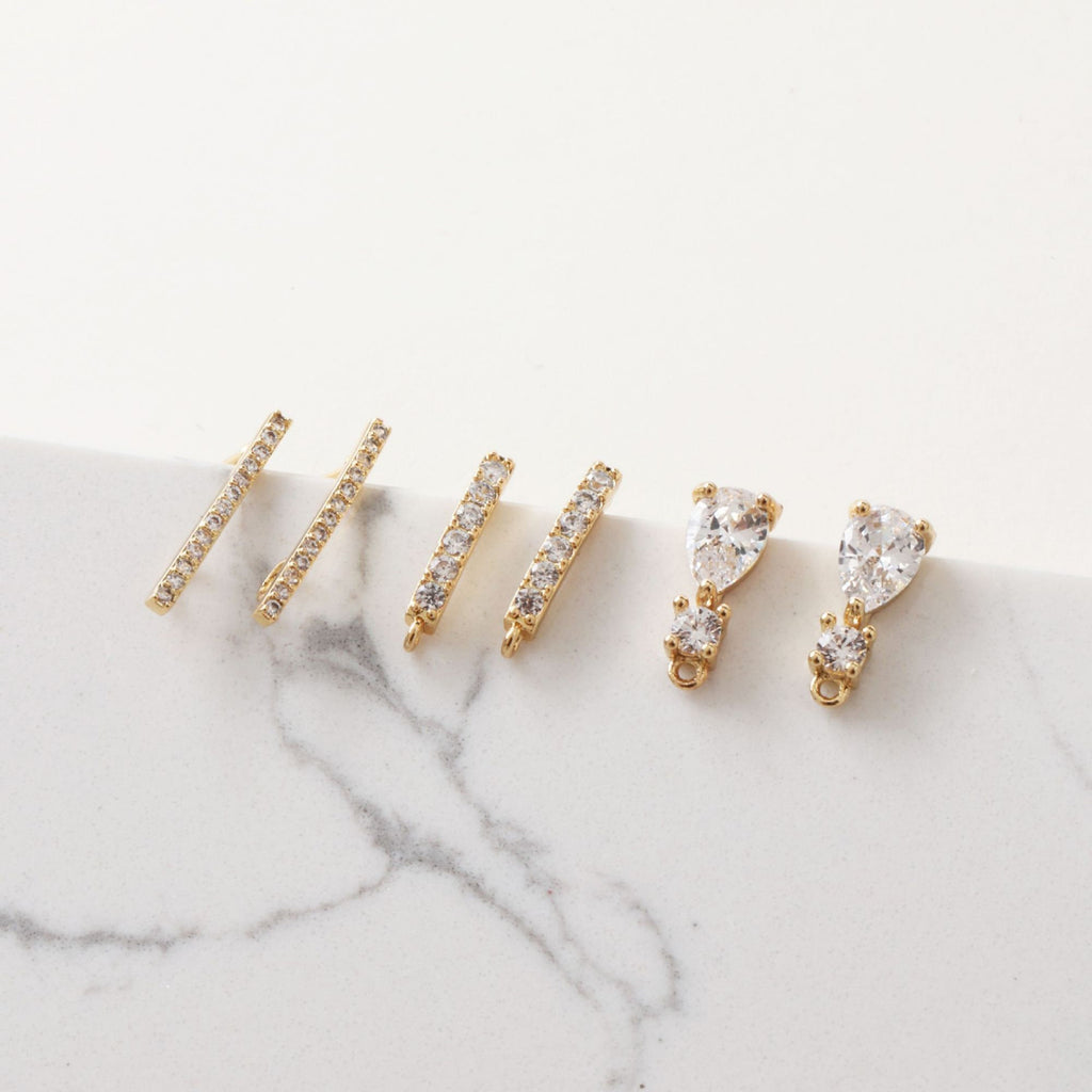 5 Pairs- Rectangle Ear Post with Loops, Nickel Free, Micro CZ Pave, 18K Gold Plated Stud Earring Finding BB004