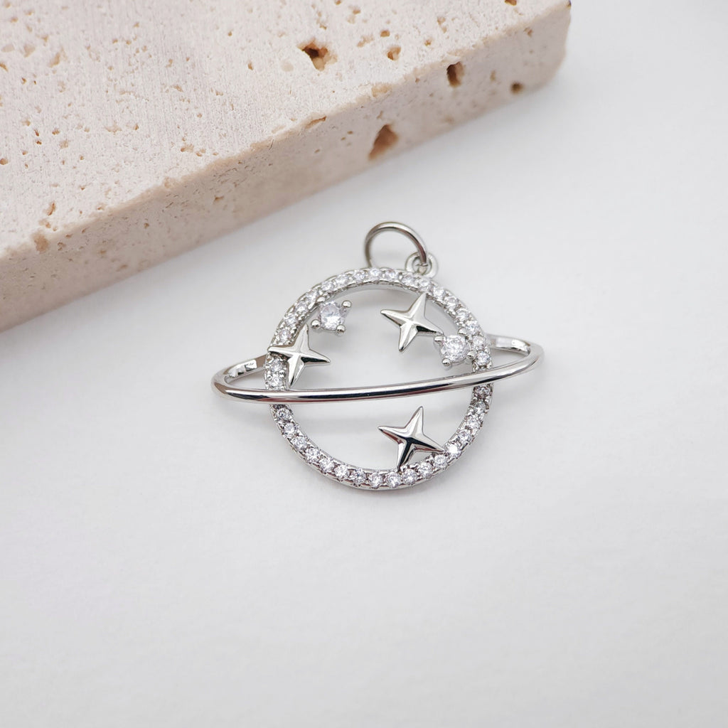 Saturn Planet Charms, Clear Cubic Planet Pendant, 18K Gold Plated, Necklace Making Charms, Jewelry Findings S725