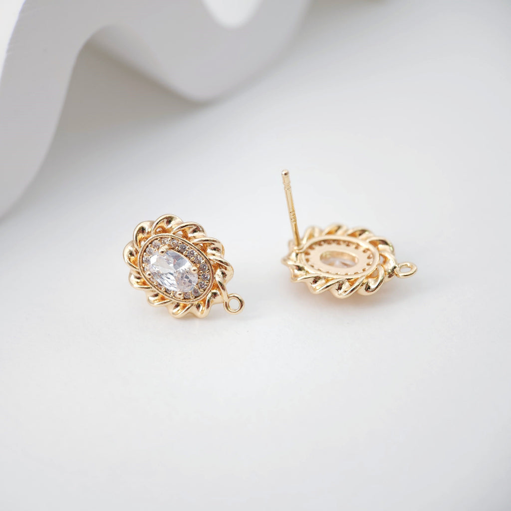 18K Gold Oval Shape Earring Post With Loop, S925 Silver Pin Nickel Free Earrings, CZ pave Stud, Hypoallergenic Earring Findings ZX250