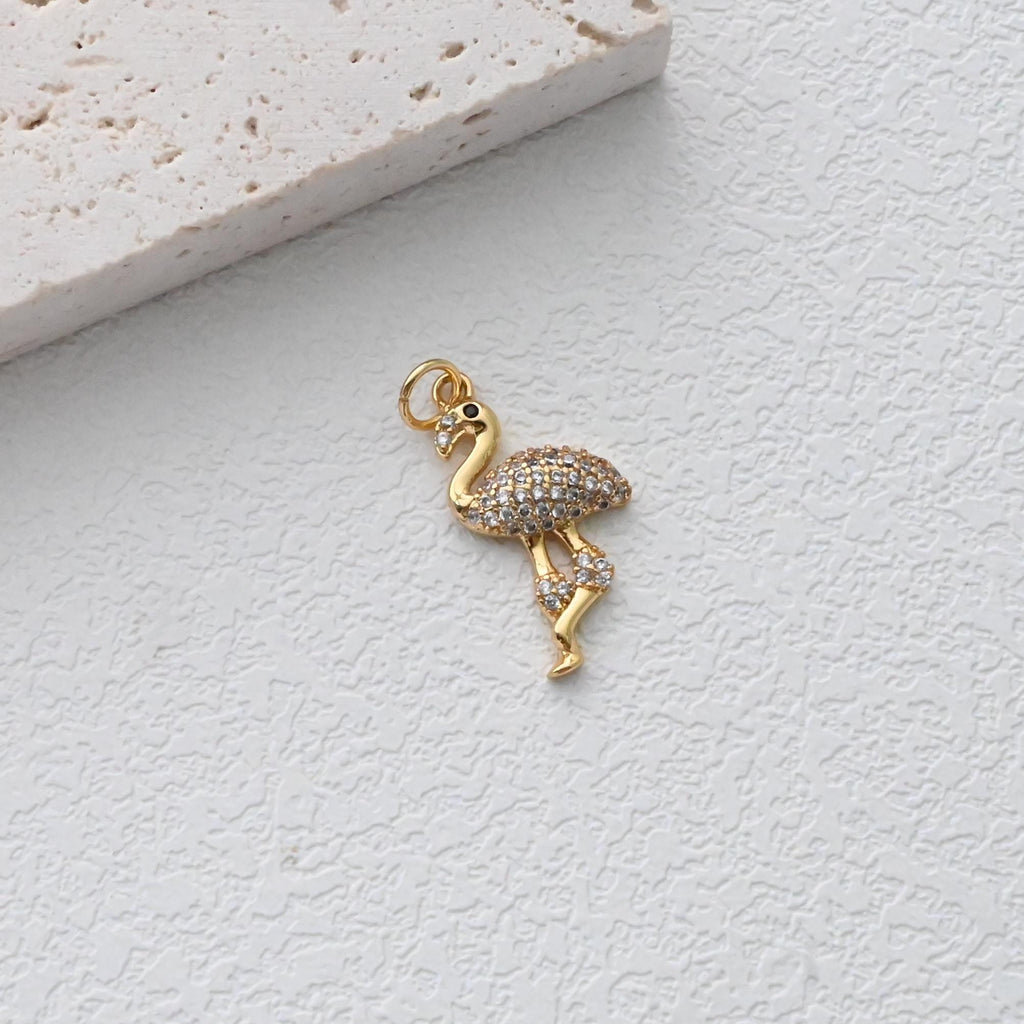 Bird Charm, CZ Pave Pendant, Woodpecker, Flamingo Pendant, 18K Gold Plated, Necklace Making Charm, Jewelry Findings S1303
