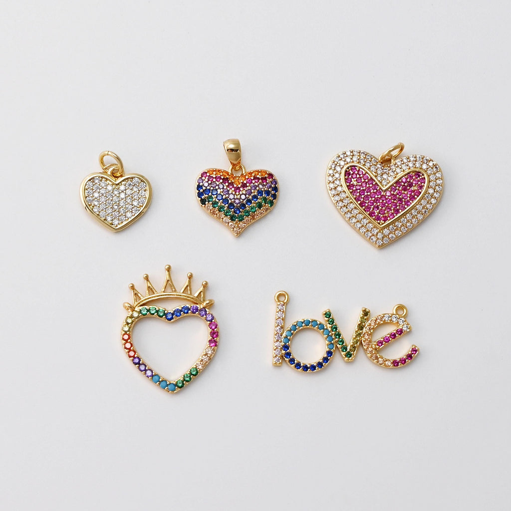 Heart Charms, Multicolor Cubic Pave , 18K Gold Plated CZ Pave, Love Charms, Bracelet Necklace Making Pendants, Jewelry Findings S20305