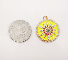 Load image into Gallery viewer, Enamel Sun Charm, Cubic Sunshine Round Pendant, 18K Shiny Gold Plated Micro CZ Pave, 25mm, Necklace Making Charm, Jewelry Findings S1084