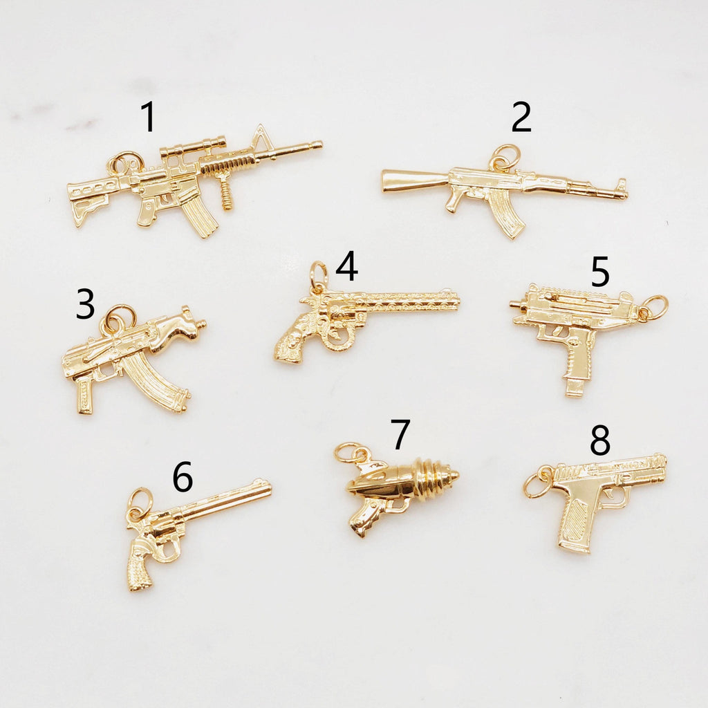 Gold Gun Charms, 18K Gold Plated Gun Pendant, Weapon Pendant, Necklace Charms, Jewelry Findings S20362