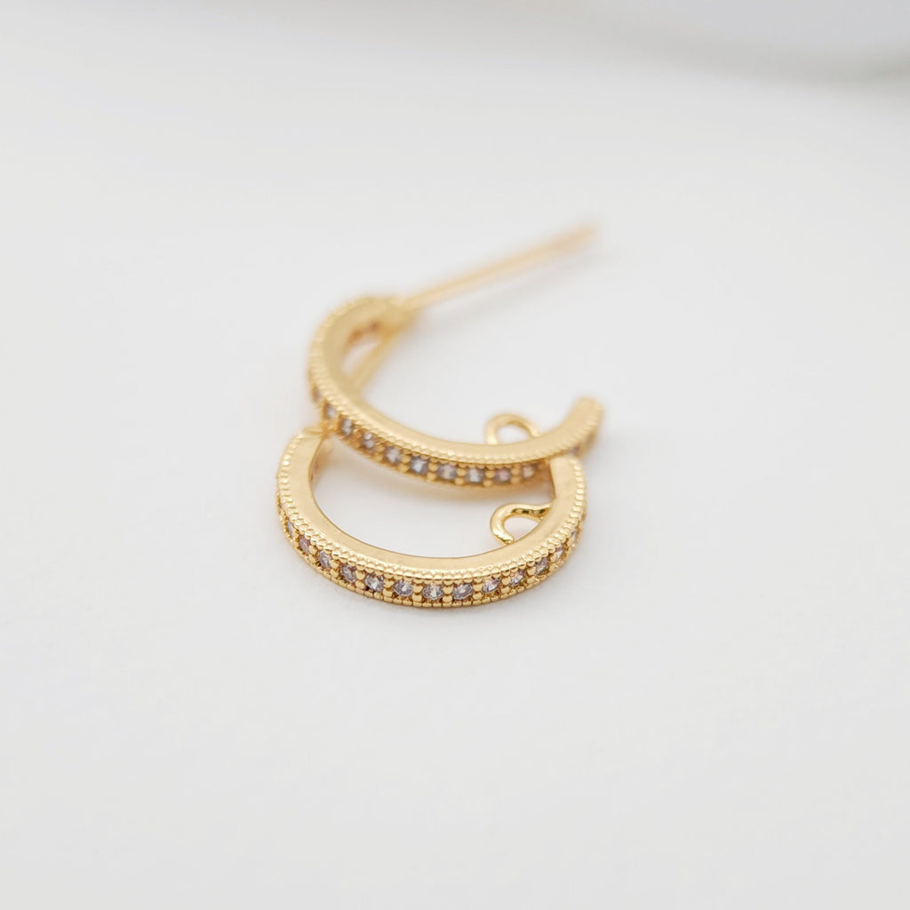 10PCS C Shape Ear Post with Loops, Nickel Free, CZ Pave, 12x2mm, 18K Gold Plated Circle Stud Earring Finding S274