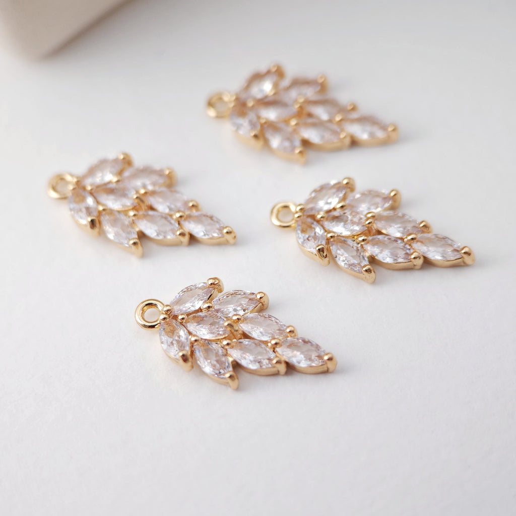 CZ Pave Leaf Charm, Cubic Pendant, Earring Connectors, Real Gold Plated Brass Earring Charms, Jewelry Findings D0070