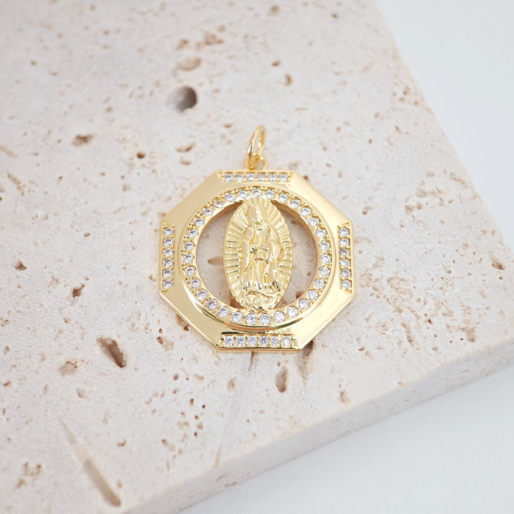 Cubic Saint Maria Charm, Religious Pendant, 18K Gold Plated Micro CZ Pave Our Lady Pendant, Vintage Necklace Making Charm S853