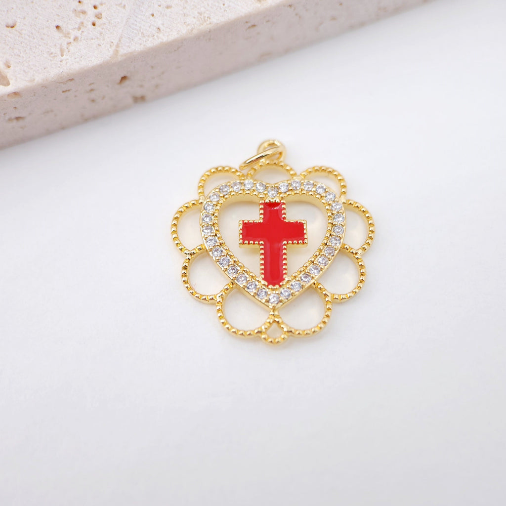Heart Pendant, Rainbow Cubic Pave Charm, Cross Charm, 18K Gold Plated, Love Pendant, Necklace Making Pendants, Jewelry Findings S20399