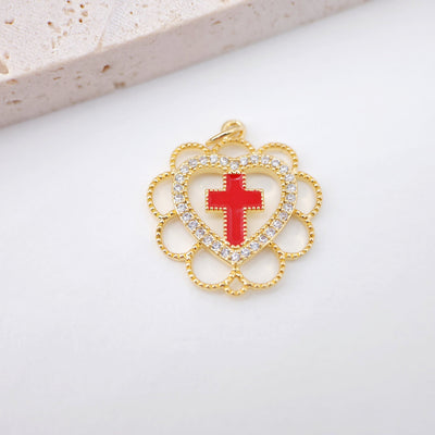 Heart Pendant, Rainbow Cubic Pave Charm, Cross Charm, 18K Gold Plated, Love Pendant, Necklace Making Pendants, Jewelry Findings S20399