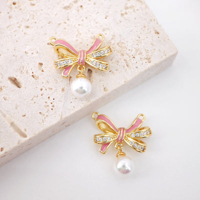 Pink Enamel Bow Charm, 14K Gold Plated Bow Tile Pendant, Clear Micro CZ Pave Bowtie Charm, 18x12mm, Jewelry Findings S20584