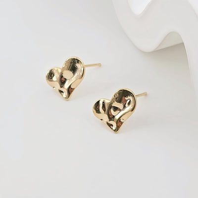 Gold Hammered Heart Earring Post, 18K Gold Nickel Free Earrings, S925 Silver Ear Pins, 11.2*9.7mm, Heart Shape Ear Stud with Loop ZX272