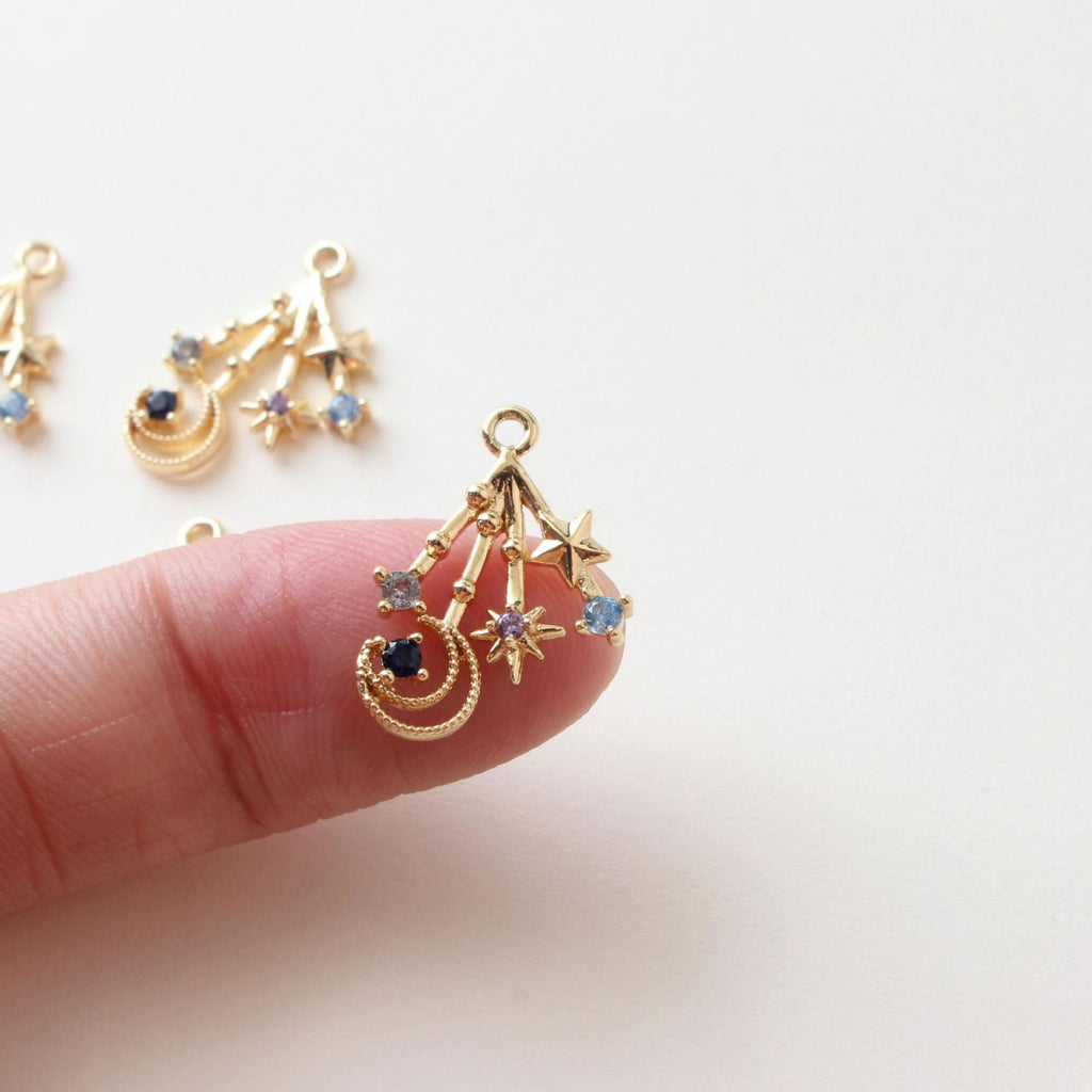 CZ Pave Moon⋆ Charm, Cubic Zircon Crystal Pendant, CZ Snowflake Charms,  Real Gold Plated Brass Earring Charms, Jewelry Findings BB037