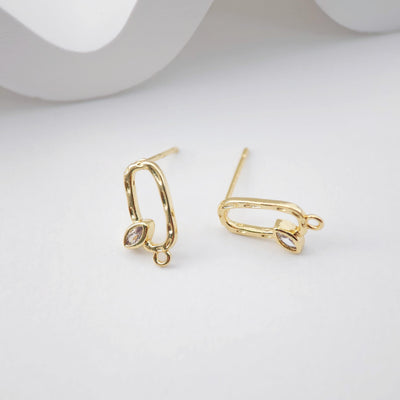 18K Gold Oval Post With Loop, CZ Pave, S925 Silver Pin, 14.5*8mm, Stud Earring Nickel Free, Hypoallergenic Earring Findings D0232