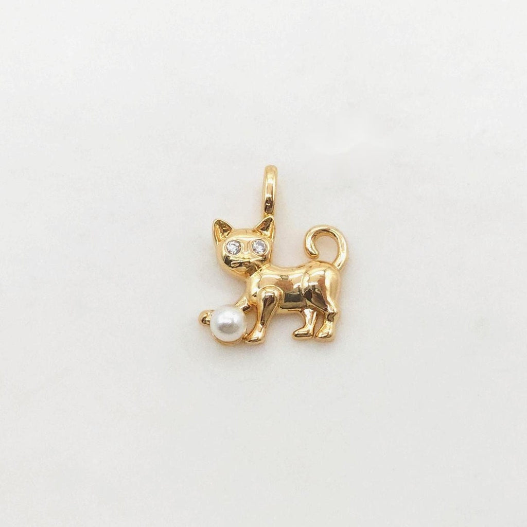 Dainty Pearl Kitty Charm, CZ Pave Cat Pendant, 3D Pendant, 18K Gold Plated, Necklace Pendant Findings S20391