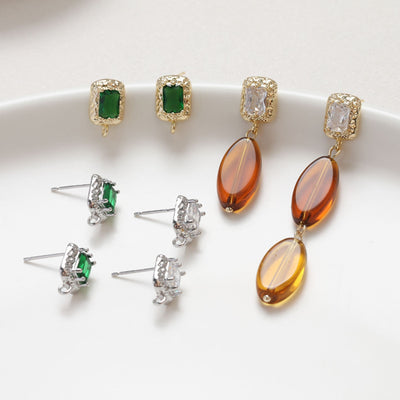 Rectangular CZ Pave Ear Post With Loop, S925 Silver Ear Pin Nickel Free, Gold/Silver Ear Stud, Hypoallergenic Earring Findings ZZ034