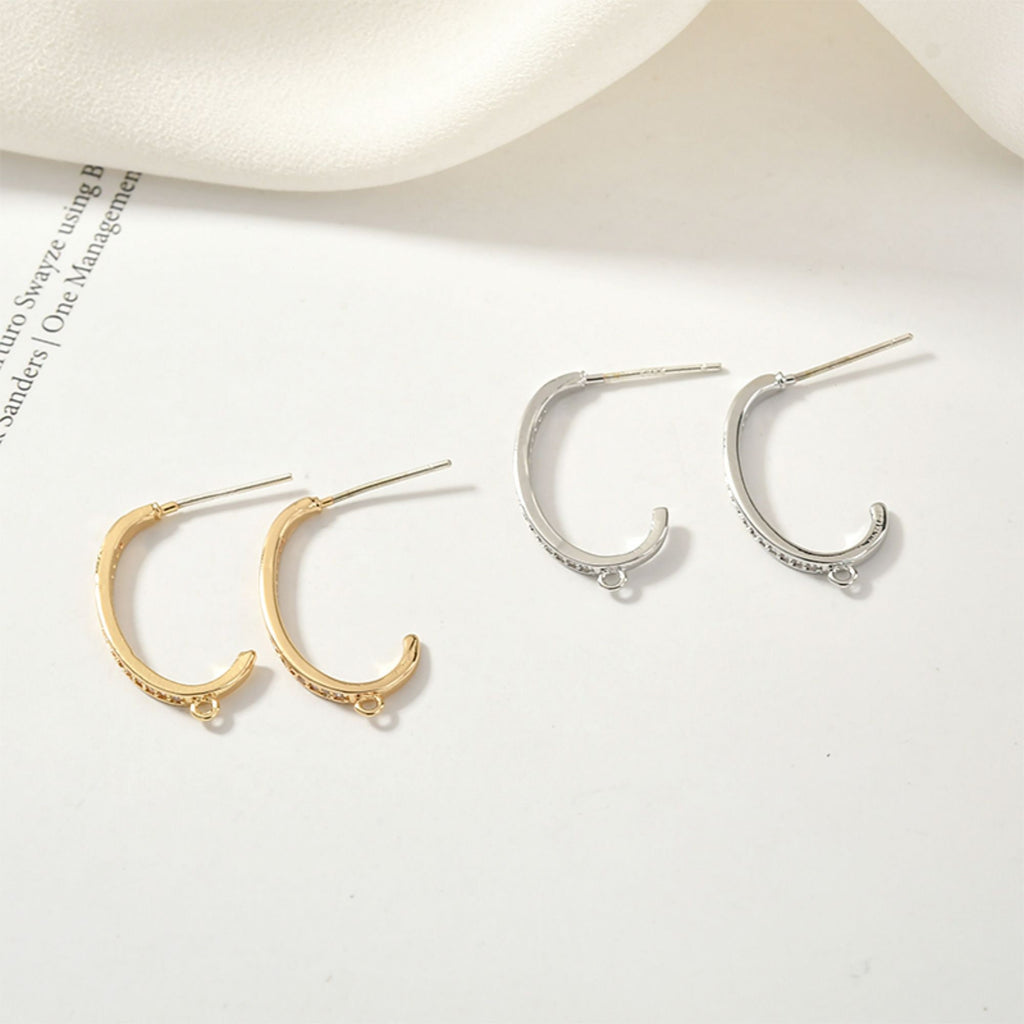 C Shape Earrings Post With Loop, 14K Gold/Silver Plated, S925 Silver Ear Pin Nickel Free Earrings, Pave Cubic Stone, Earring Findings YL002