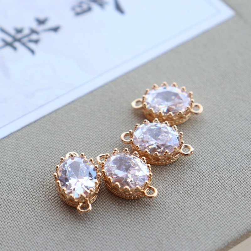 10 dijes ovalados con pavé de circonita cúbica, colgante de cristal de circonita cúbica, colgante para pulsera y collar, chapado en oro auténtico de 14 quilates, accesorios de joyería JY070-F154