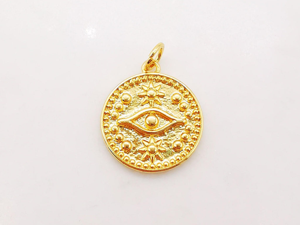 Evil Eye Coin Charm, 18K Gold Plated Round Eye Pendant, 16mm, Necklace Earring Bracelet Making Charm, Jewelry Findings S913