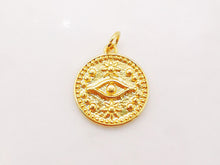 Load image into Gallery viewer, Evil Eye Coin Charm, 18K Gold Plated Round Eye Pendant, 16mm, Necklace Earring Bracelet Making Charm, Jewelry Findings S913