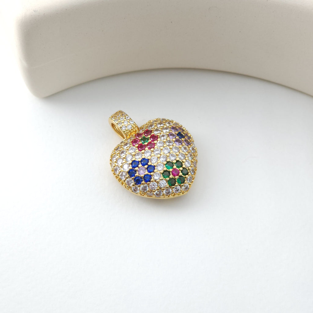 Dijes de corazón con pavé cúbico multicolor, chapados en oro de 18 quilates con pavé de circonitas cúbicas, colgantes para pulseras y collares, accesorios de joyería S1227