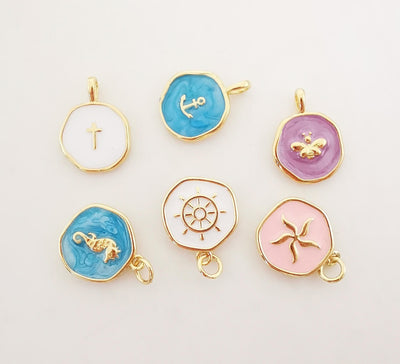 Multicolor Enamel Round Coin Charm, 18K Gold Plated Cross/Anchor/Bees/Rudder/Seahorse, 14mm, Necklace Bracelet Making Pendant, S1076