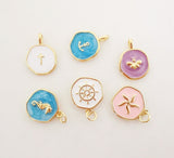 Multicolor Enamel Round Coin Charm, 18K Gold Plated Cross/Anchor/Bees/Rudder/Seahorse, 14mm, Necklace Bracelet Making Pendant, S1076