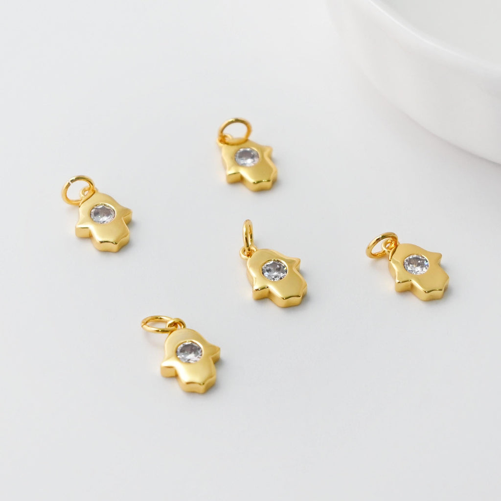 Tiny Hamsa Hand Charms, 18K Gold plated Cubic Zirconia Pave Pendant, 6x8mm Jewelry making supplies for Necklace and Bracelet S620