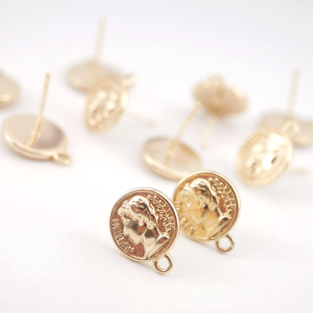 10pcs 14K Gold Round Post With Loop, Lady Stud Earring Nickel Free, 14.5mm, Hypoallergenic Earring Findings ZX118