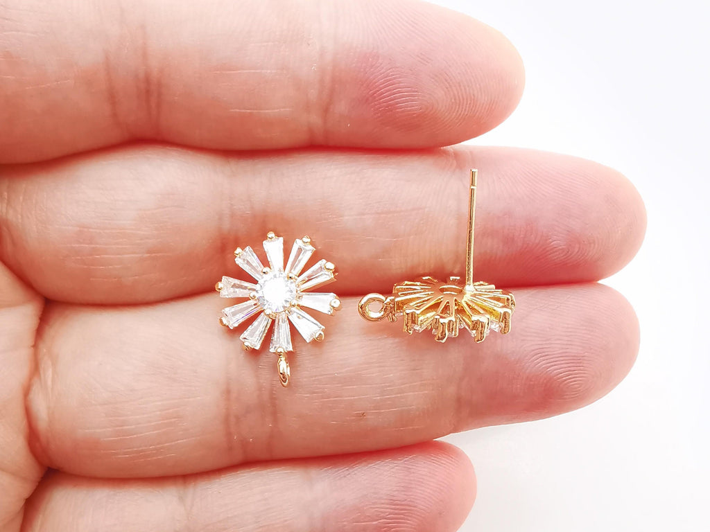 4 pendientes de circonita cúbica, pendientes de botón de latón chapado en oro auténtico con aro, pasador de plata S925, pendiente de flor, accesorio para pendientes Z012